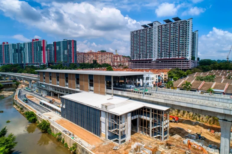 Aerial view of the Damansara Damai MRT Station showing the roadworks in progress at ground level and entrance façade installation