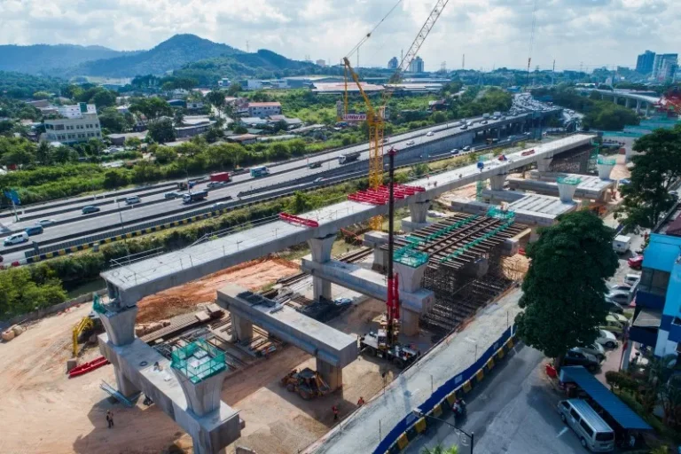 Aerial view of preparation for Trestle Support System for segmental box girder erection at the Damansara Damai MRT Station site
