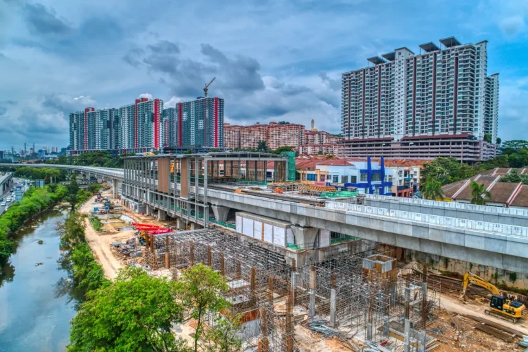 Aerial view of the construction of Damansara Damai MRT Station platform slab