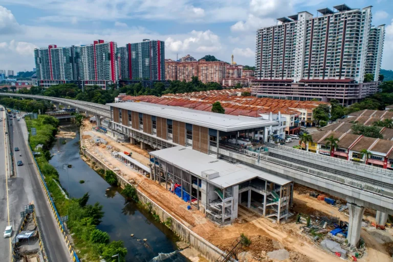 View of the external façade works in progress for Damansara Damai MRT Station entrance 1 and 2