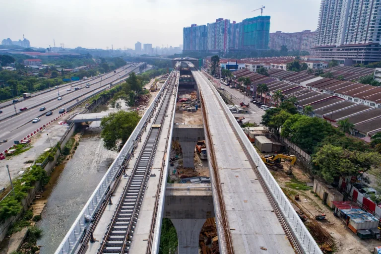 Aerial view of the construction of railway track plinth at the Damansara Damai MRT Station site.