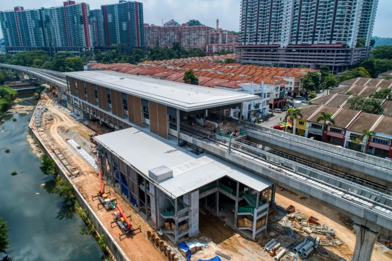 Aerial view of the Damansara Damai MRT Station site showing the station external works in progress