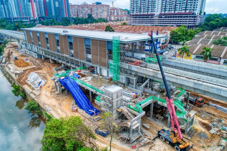 Aerial view of the Damansara Damai MRT Station site showing the installation of steel structure at Entrance A and B and installation of ceiling mesh and maintenance access platform in progress
