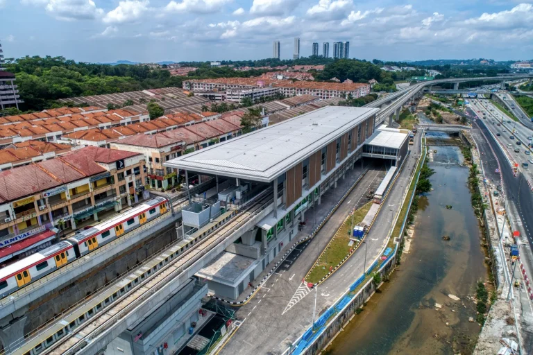 Aerial view of the Damansara Damai MRT Station showing the turfing works and A5 wall in progress
