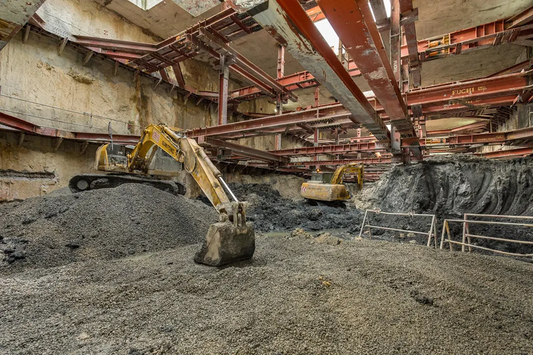 Base slab excavation and levelling works in progress at the Bandar Malaysia South MRT Station.