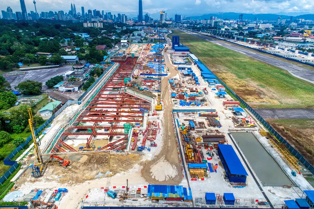 Aerial view of the Bandar Malaysia Selatan MRT Station site showing the ongoing station box excavation.
