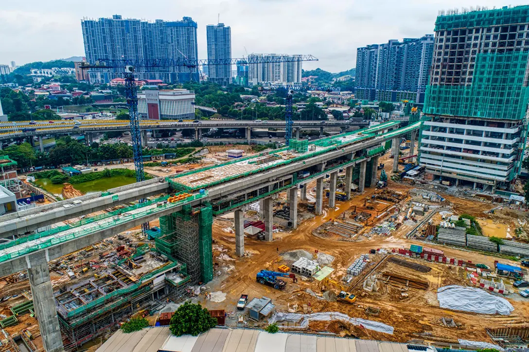 Aerial view of the Kuchai MRT Station site showing the concourse, intermediate and platform level works in progress.