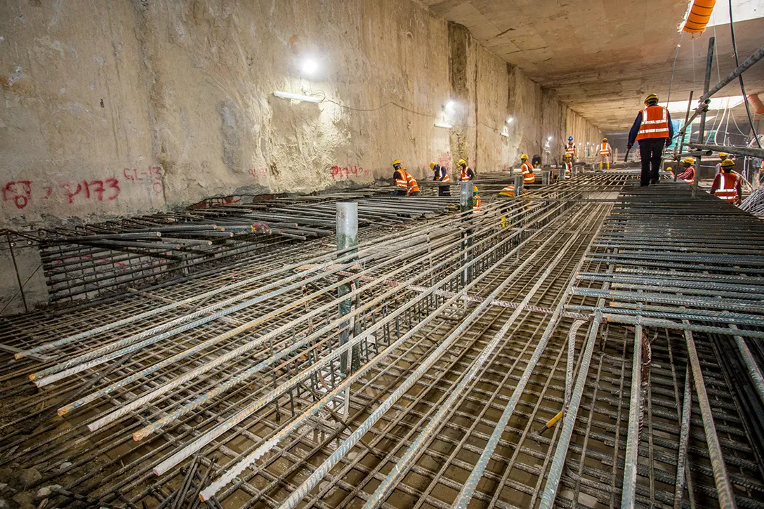 View of the erection of reinforcement at Raja Uda MRT Station concourse level.