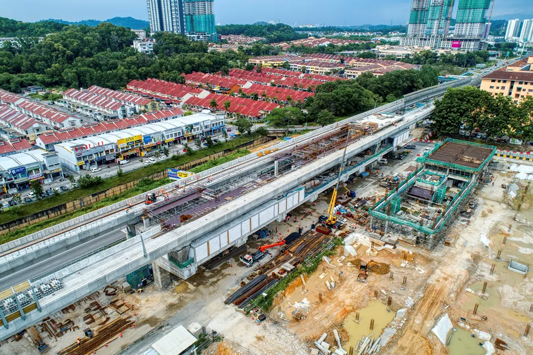 Aerial view of the Taman Equine MRT Station showing the station works and architecture blockworks for system rooms works in progress